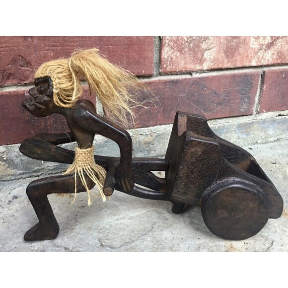 JAVA ISLAND MAN Pulling Cart Hand Crafted Wood Figure Indonesia Primitive - Picture 1 of 7